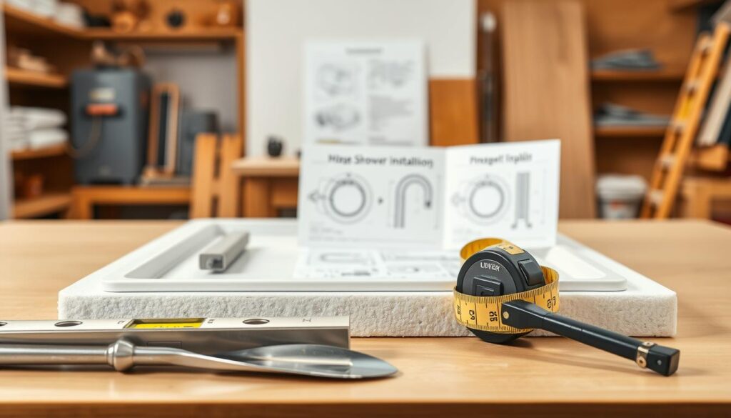 A close-up view of a variety of essential components for installing a shower tray on styrofoam, arranged neatly on a sleek workbench. The foreground highlights detailed tools such as a level, a trowel, and a measuring tape, with the shower tray and styrofoam base slightly behind them. In the middle ground, there are instructional diagrams, showcasing the installation process. The background features a softly blurred workshop setting with warm, even lighting that creates a professional atmosphere. The overall mood is focused and informative, aimed at assisting viewers in understanding the installation process. The image should emphasize clarity and organization, showcasing the precision required for this DIY project.
