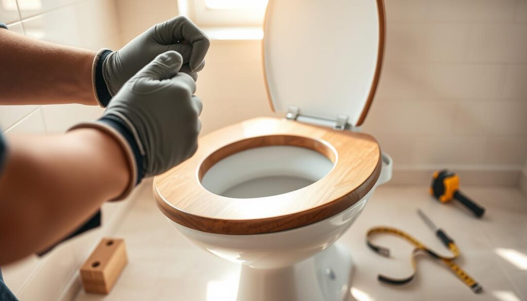 A close-up view of a wooden toilet seat being expertly installed, showcasing the intricate details of the hinges and the solid craftsmanship. In the foreground, a pair of hands, clad in professional work gloves, adjusts the screws, reflecting the careful attention required for this task. The middle ground shows a pristine bathroom setting with a classic white toilet and a wooden seat that contrasts stylishly with light-colored tiles. Natural sunlight streams in from a window, casting soft, warm light and creating gentle shadows, adding a serene atmosphere. The background includes neatly arranged tools such as a screwdriver and a measuring tape, emphasizing the DIY aspect of the installation process. The overall mood conveys professionalism and clarity, suitable for a guide on how to install a toilet seat.