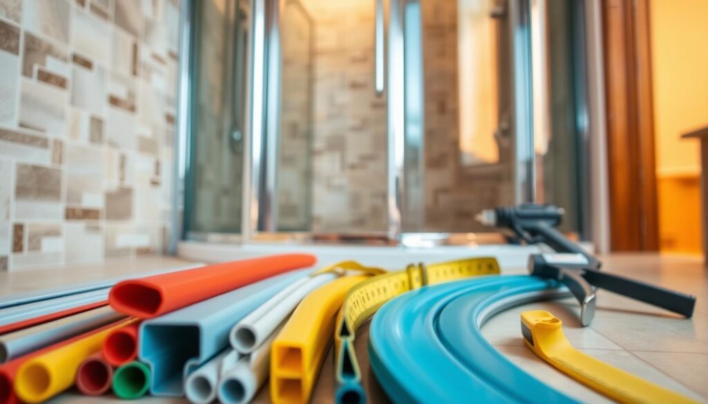 A close-up view of an organized workspace for installing shower cabin seals. In the foreground, there are various colorful shower seals neatly arranged along with essential tools like a utility knife, measuring tape, and a caulking gun. The middle ground features a partially assembled shower enclosure, revealing clear glass panels and a shiny metal frame, with some seals already placed for illustration. The background shows a well-lit bathroom setting, with tiles and warm light creating a clean, inviting atmosphere. The angle should be slightly elevated to capture both the details of the seals and tools, as well as the ambiance of the bathing space, evoking a sense of preparation and readiness for DIY enthusiasts. A close-up view of an organized workspace for installing shower cabin seals. In the foreground, there are various colorful shower seals neatly arranged along with essential tools like a utility knife, measuring tape, and a caulking gun. The middle ground features a partially assembled shower enclosure, revealing clear glass panels and a shiny metal frame, with some seals already placed for illustration. The background shows a well-lit bathroom setting, with tiles and warm light creating a clean, inviting atmosphere. The angle should be slightly elevated to capture both the details of the seals and tools, as well as the ambiance of the bathing space, evoking a sense of preparation and readiness for DIY enthusiasts.