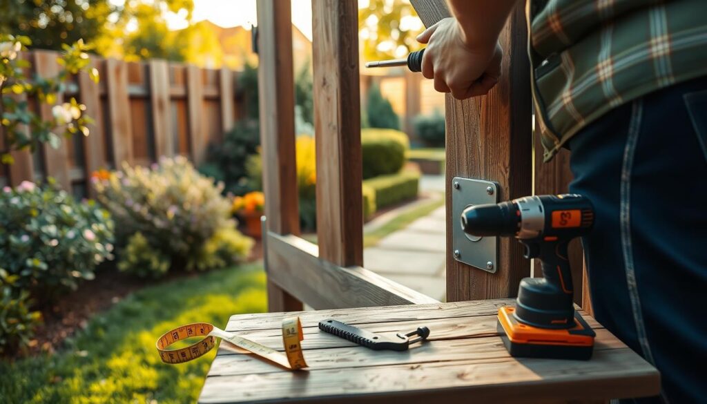 A close-up view of an outdoor garden gate featuring an electro latch installation process. The foreground shows a person in modest casual clothing, carefully positioning the electro latch on the gate with a screwdriver. Tools like a measuring tape and a drill are visible nearby on a small workbench. The middle ground captures the detail of the gate structure, showcasing the latch's mechanical components and the mounting plate. The background includes a well-maintained garden with soft sunlight illuminating the scene, creating a warm and inviting atmosphere. The angle captures the perspective of a DIY installation, emphasizing the practical aspect of the task. The overall mood is focused and productive, highlighting the step-by-step nature of the installation.