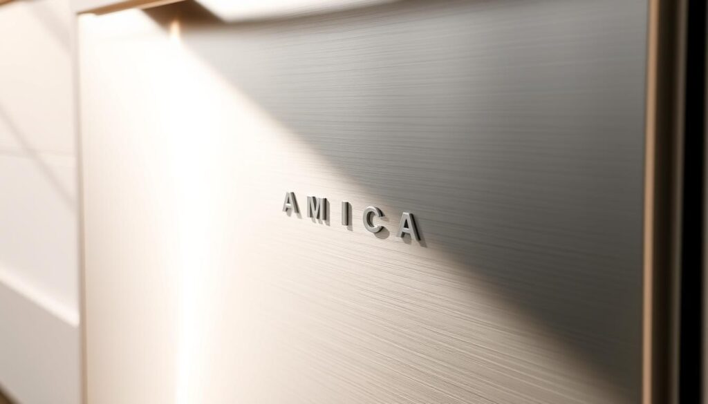 A close-up view of the front panel of an Amica dishwasher, showcasing its sleek design and modern features. The panel should be illuminated by soft, natural lighting that highlights its metallic finish and control buttons. In the foreground, focus on the textured surface and the arrangement of buttons, with a subtle reflection that suggests a shiny, high-quality material. The midground should include a hint of the dishwasher door’s frame, elegantly blending with the overall aesthetic. The background is softly blurred to emphasize the panel, creating a clean, professional atmosphere. The composition should convey a sense of sophistication and practicality, suitable for a well-designed kitchen environment. A close-up view of the front panel of an Amica dishwasher, showcasing its sleek design and modern features. The panel should be illuminated by soft, natural lighting that highlights its metallic finish and control buttons. In the foreground, focus on the textured surface and the arrangement of buttons, with a subtle reflection that suggests a shiny, high-quality material. The midground should include a hint of the dishwasher door’s frame, elegantly blending with the overall aesthetic. The background is softly blurred to emphasize the panel, creating a clean, professional atmosphere. The composition should convey a sense of sophistication and practicality, suitable for a well-designed kitchen environment.