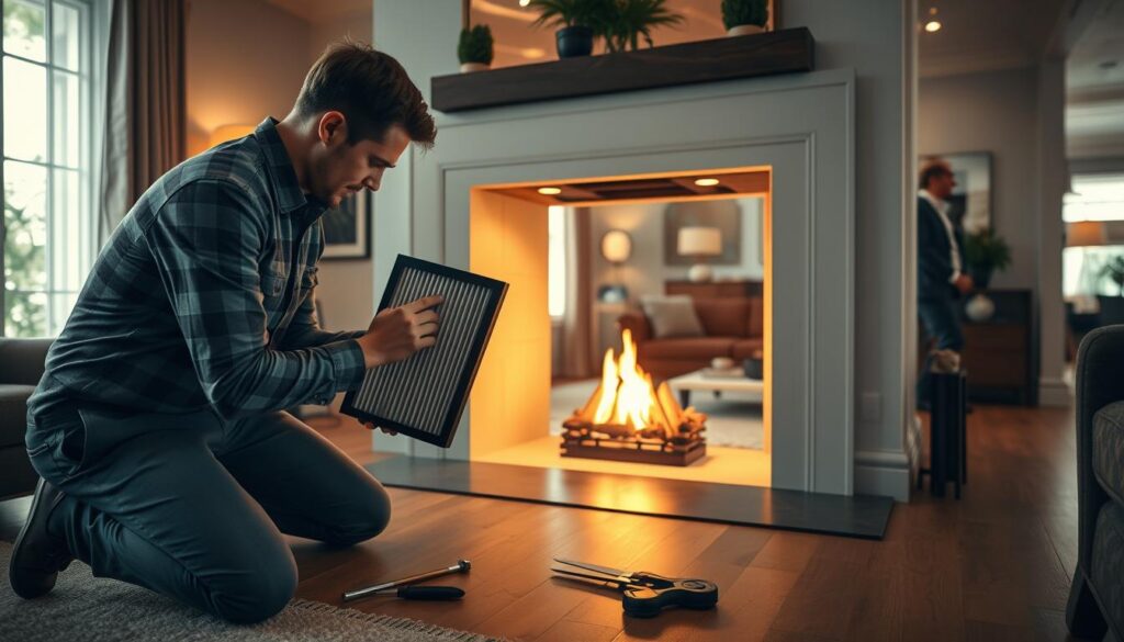 A cozy interior setting featuring a professional technician installing a filter into a modern fireplace. In the foreground, the technician, dressed in a smart casual outfit, carefully fits a sleek, rectangular filter into the fireplace with a set of tools laid out beside them. The middle ground showcases the elegant fireplace structure, surrounded by a warm ambiance created by soft lighting that highlights its architectural details. The background reveals a stylish living room with wooden flooring, elegant decor, and a window allowing natural light to filter through, enhancing the inviting atmosphere. The overall mood is focused and professional, emphasizing the care and precision involved in the installation process.