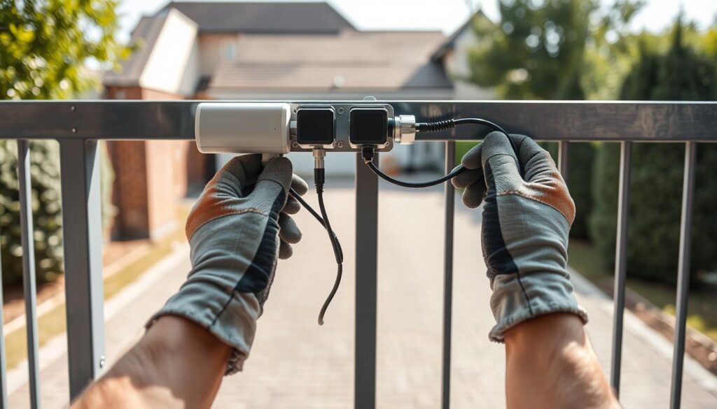 A detailed and instructional image depicting the process of connecting photoelectric sensors (fotokomórki) to a Somfy gate. In the foreground, a pair of hands in professional work gloves is shown carefully mounting the sensors onto the gate's frame. The middle ground features the Somfy gate partially open, with clear visibility of the wiring and connectors needed for installation. In the background, a well-lit outdoor setting illustrates a residential driveway, emphasizing a practical home environment. Soft natural lighting highlights the metal and plastic components of the sensors, creating a clean and focused atmosphere. The angle is slightly tilted from above to capture the intricacies of the installation process without distractions, ensuring clarity and engagement in the visuals. A detailed and instructional image depicting the process of connecting photoelectric sensors (fotokomórki) to a Somfy gate. In the foreground, a pair of hands in professional work gloves is shown carefully mounting the sensors onto the gate's frame. The middle ground features the Somfy gate partially open, with clear visibility of the wiring and connectors needed for installation. In the background, a well-lit outdoor setting illustrates a residential driveway, emphasizing a practical home environment. Soft natural lighting highlights the metal and plastic components of the sensors, creating a clean and focused atmosphere. The angle is slightly tilted from above to capture the intricacies of the installation process without distractions, ensuring clarity and engagement in the visuals.