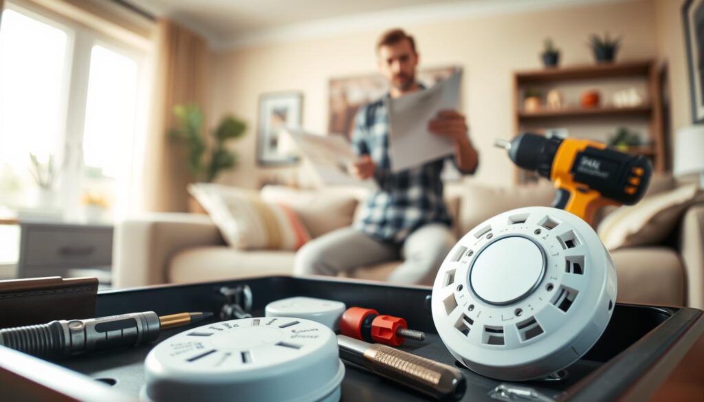 A detailed and organized scene of preparing to install a carbon monoxide detector in a comfortable home setting. In the foreground, a neatly arranged toolbox with essential tools like a screwdriver, drill, and carbon monoxide detector, showing clear labels on the device. In the middle, a person dressed in casual clothing, demonstrating proper installation techniques, holding a manual with focused determination. The background features a cozy living room ambiance, with warm lighting illuminating the area, and soft, inviting colors on the walls. A window shows a glimpse of a sunny day outside, hinting at safety and readiness. The overall mood is professional yet approachable, emphasizing home safety and preparedness. A detailed and organized scene of preparing to install a carbon monoxide detector in a comfortable home setting. In the foreground, a neatly arranged toolbox with essential tools like a screwdriver, drill, and carbon monoxide detector, showing clear labels on the device. In the middle, a person dressed in casual clothing, demonstrating proper installation techniques, holding a manual with focused determination. The background features a cozy living room ambiance, with warm lighting illuminating the area, and soft, inviting colors on the walls. A window shows a glimpse of a sunny day outside, hinting at safety and readiness. The overall mood is professional yet approachable, emphasizing home safety and preparedness.