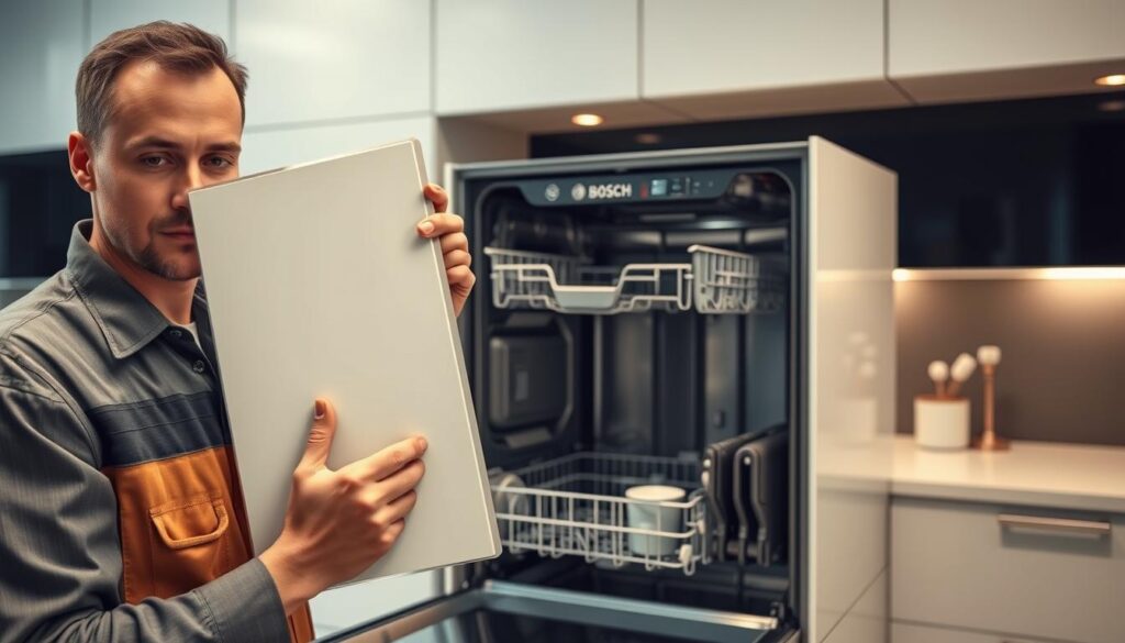 A detailed and realistic artful depiction of the installation process of a dishwasher front, specifically a Bosch model, being installed. In the foreground, a person in professional work attire holds a dishwasher front panel with a focused expression, demonstrating care and precision. In the middle ground, the dishwasher is partially disassembled, showing key components like the mounting brackets and screws clearly. The background features a modern kitchen with sleek cabinetry and ambient lighting, enhancing the installation scene. Soft, diffused light highlights the textures of the dishwasher and the craftsmanship involved in the installation. The mood is professional and informative, aimed at demonstrating a how-to guide for optimal assembly.