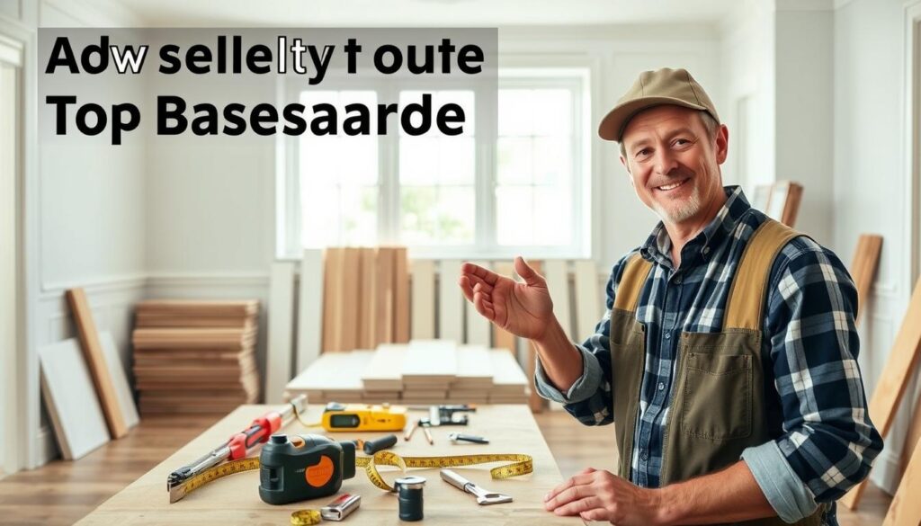A detailed assembly guide for a top baseboard is depicted in this image. In the foreground, a skilled carpenter, dressed in professional work attire, is demonstrating the installation process of the top baseboard. The middle ground showcases tools such as a measuring tape, a level, and a saw, neatly organized on a workbench. Behind them, a well-lit room features freshly painted walls and an array of baseboards ready for installation, emphasizing renovation and craftsmanship. Soft, natural light filters through a window, creating a warm and motivated atmosphere. The perspective is slightly tilted to capture both the carpenter's focused expression and the tools in use. The image conveys professionalism and a sense of hands-on achievement in home improvement.