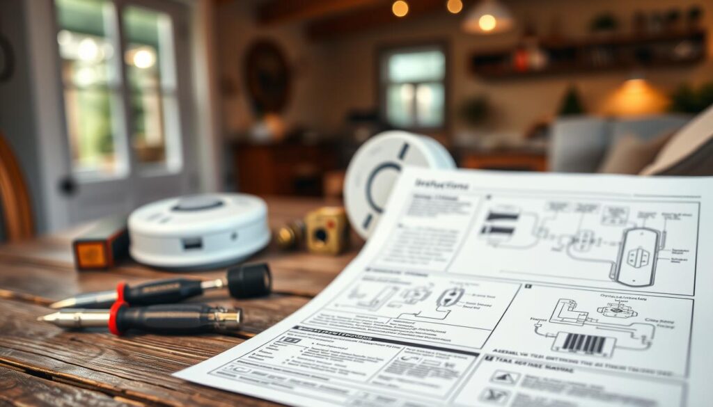A detailed assembly instruction manual for a carbon monoxide detector prominently displayed on a rustic wooden table. In the foreground, there is an open manual with clear diagrams and step-by-step instructions visible, surrounded by tools like a screwdriver and a small level. The middle ground features the carbon monoxide detector itself, showcasing its sleek design, ready for installation. The background is softly blurred, revealing a cozy home setting with a warm glow from overhead lights, suggesting a safe and inviting atmosphere. The composition should evoke a sense of safety while ensuring clarity in the details. The lighting is warm and inviting, ideal for a home improvement context, captured from a slightly elevated angle to enhance visibility. A detailed assembly instruction manual for a carbon monoxide detector prominently displayed on a rustic wooden table. In the foreground, there is an open manual with clear diagrams and step-by-step instructions visible, surrounded by tools like a screwdriver and a small level. The middle ground features the carbon monoxide detector itself, showcasing its sleek design, ready for installation. The background is softly blurred, revealing a cozy home setting with a warm glow from overhead lights, suggesting a safe and inviting atmosphere. The composition should evoke a sense of safety while ensuring clarity in the details. The lighting is warm and inviting, ideal for a home improvement context, captured from a slightly elevated angle to enhance visibility.