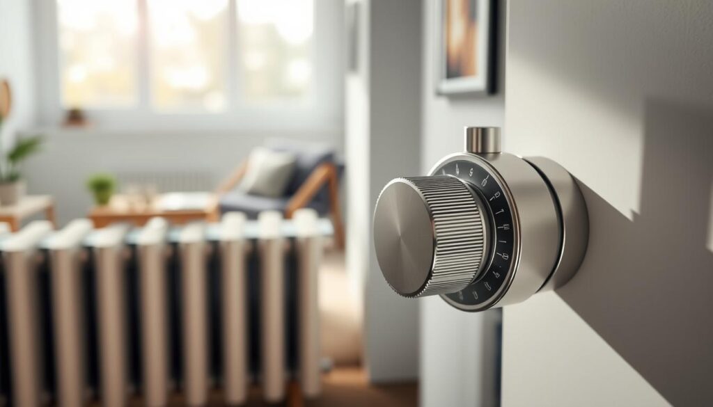 A detailed close-up of a modern thermostatic valve head, showcasing its sleek design and intricate engineering. In the foreground, the valve head features an elegant dial, displaying temperature settings with precision markings. The middle ground displays a radiator in a well-lit room, emphasizing the valve’s functionality and integration into home heating systems. Soft, natural lighting highlights the contemporary decor, creating a warm and inviting atmosphere. The background includes a cozy living space with furniture, illustrating the comfort and efficiency achieved through proper temperature control. The overall mood is informative and practical, subtly conveying the advantages of installing a thermostatic head for improved energy management. A detailed close-up of a modern thermostatic valve head, showcasing its sleek design and intricate engineering. In the foreground, the valve head features an elegant dial, displaying temperature settings with precision markings. The middle ground displays a radiator in a well-lit room, emphasizing the valve’s functionality and integration into home heating systems. Soft, natural lighting highlights the contemporary decor, creating a warm and inviting atmosphere. The background includes a cozy living space with furniture, illustrating the comfort and efficiency achieved through proper temperature control. The overall mood is informative and practical, subtly conveying the advantages of installing a thermostatic head for improved energy management.