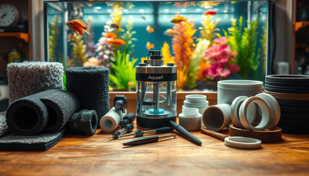 A detailed close-up of various aquarium filter media arranged neatly on a sturdy workbench, showcasing different types such as activated carbon, sponge, and ceramic rings. The foreground features the glossy textures of the media, with a soft focus on richer colors to highlight their utility in an aquarium setting. In the middle, place an Aquael filter unit partially disassembled to reveal its interior, surrounded by tools commonly used for aquarium maintenance. The background shows a blurred aquarium tank filled with vibrant aquatic plants and healthy fish, illuminated by warm, natural lighting to create a serene atmosphere. Capture the scene from a slightly elevated angle, emphasizing the textures and details of the media, creating an informative and calming mood suitable for an aquarium tutorial.
