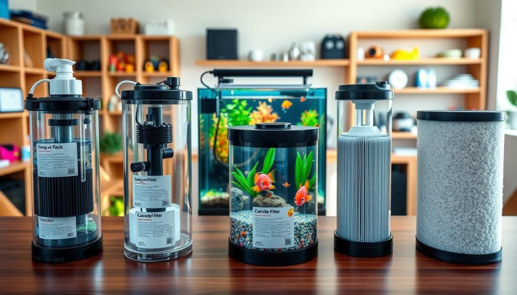 A detailed display of various types of aquarium filters showcased on a sleek wooden table. In the foreground, there are three different filter models: a hang-on-back filter, a canister filter, and a sponge filter, each clearly labeled and distinct in design. The middle ground features a small aquarium filled with vibrant aquatic plants and colorful fish, illustrating how these filters function. In the background, a softly lit room gives a warm and inviting atmosphere, with shelves lined with aquarium accessories. The lighting is natural, emphasizing the textures of the filters and the clarity of the aquarium water. The angle is slightly elevated, providing a comprehensive view of the setup, evoking a sense of tranquility and professionalism. A detailed display of various types of aquarium filters showcased on a sleek wooden table. In the foreground, there are three different filter models: a hang-on-back filter, a canister filter, and a sponge filter, each clearly labeled and distinct in design. The middle ground features a small aquarium filled with vibrant aquatic plants and colorful fish, illustrating how these filters function. In the background, a softly lit room gives a warm and inviting atmosphere, with shelves lined with aquarium accessories. The lighting is natural, emphasizing the textures of the filters and the clarity of the aquarium water. The angle is slightly elevated, providing a comprehensive view of the setup, evoking a sense of tranquility and professionalism.