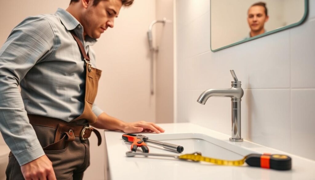 A detailed guide on installing a concealed bathroom faucet. In the foreground, a professional-looking person wearing a tool belt and modest casual clothing is focusing on a white wall where the faucet will be mounted. The middle layer features the faucet and all necessary installation tools, like a wrench, pliers, and tape measure neatly arranged on a clean work surface. The background includes a softly lit bathroom setting with subtle hints of tile and plumbing elements, creating a warm, inviting atmosphere. The lighting is bright yet soft, highlighting the installation process, with a slight depth of field effect to emphasize the foreground action. The overall mood is focused, instructional, and practical, perfect for a home improvement setting. A detailed guide on installing a concealed bathroom faucet. In the foreground, a professional-looking person wearing a tool belt and modest casual clothing is focusing on a white wall where the faucet will be mounted. The middle layer features the faucet and all necessary installation tools, like a wrench, pliers, and tape measure neatly arranged on a clean work surface. The background includes a softly lit bathroom setting with subtle hints of tile and plumbing elements, creating a warm, inviting atmosphere. The lighting is bright yet soft, highlighting the installation process, with a slight depth of field effect to emphasize the foreground action. The overall mood is focused, instructional, and practical, perfect for a home improvement setting.