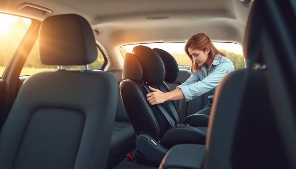 A detailed illustration focusing on car safety regulations regarding child seats installed in the front seat. Foreground features a well-maintained car interior, highlighting a front passenger seat with an appropriately secured child car seat. Middle ground includes an adult in business casual attire, demonstrating how to properly adjust the seat and straps. The background offers a glimpse of a sunny day through the car window, with soft, natural lighting illuminating the scene. The overall mood conveys a sense of safety and care, emphasizing the importance of compliance with safety regulations. The angle should be slightly elevated, capturing the intricacies of the car seat setup while keeping a clear focus on safety measures. A detailed illustration focusing on car safety regulations regarding child seats installed in the front seat. Foreground features a well-maintained car interior, highlighting a front passenger seat with an appropriately secured child car seat. Middle ground includes an adult in business casual attire, demonstrating how to properly adjust the seat and straps. The background offers a glimpse of a sunny day through the car window, with soft, natural lighting illuminating the scene. The overall mood conveys a sense of safety and care, emphasizing the importance of compliance with safety regulations. The angle should be slightly elevated, capturing the intricacies of the car seat setup while keeping a clear focus on safety measures.