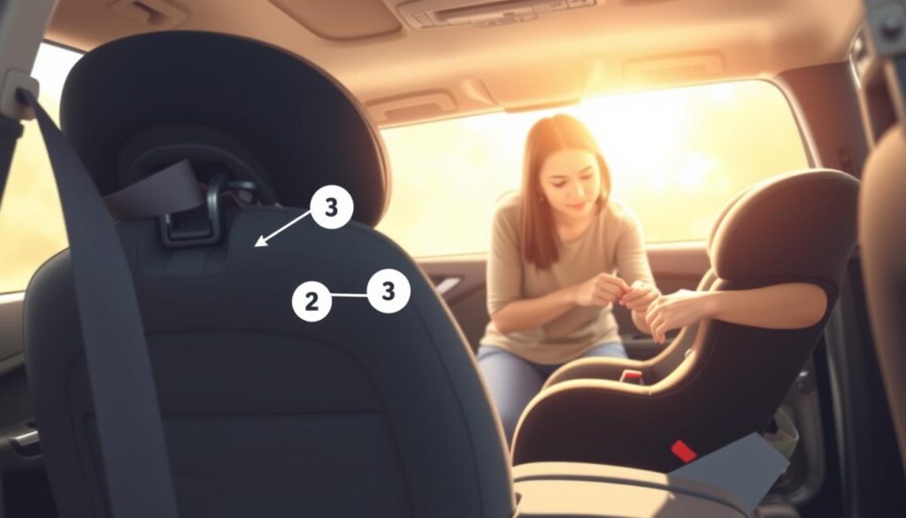 A detailed illustration of a car seat installation guide, showcasing the step-by-step process. In the foreground, a close-up of a car seat being securely fastened in the back seat of a car, with clear visual indicators showing the seat belt passing through different stages of installation. In the middle ground, a parent, dressed in modest casual clothing, is demonstrating the installation process, focusing intently on securing the seat. The background features the interior of a family vehicle, with soft, natural lighting illuminating the scene, creating a warm and reassuring atmosphere. The perspective is slightly angled to give depth, emphasizing the interaction between the parent and the car seat. A detailed illustration of a car seat installation guide, showcasing the step-by-step process. In the foreground, a close-up of a car seat being securely fastened in the back seat of a car, with clear visual indicators showing the seat belt passing through different stages of installation. In the middle ground, a parent, dressed in modest casual clothing, is demonstrating the installation process, focusing intently on securing the seat. The background features the interior of a family vehicle, with soft, natural lighting illuminating the scene, creating a warm and reassuring atmosphere. The perspective is slightly angled to give depth, emphasizing the interaction between the parent and the car seat.