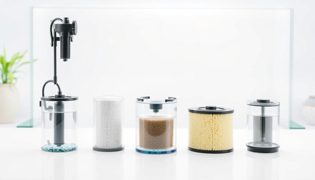 A detailed illustration of different types of aquarium filters arranged on a clean, white background. In the foreground, showcase a hang-on-back filter, a canister filter, and a sponge filter, clearly labeled with visual elements to distinguish their designs. In the middle ground, include additional types such as a corner filter and a surface skimmer, each featuring prominent characteristics. The background can be softly blurred to retain focus on the filters, with ambient lighting that creates a bright and informative atmosphere. The scene should exude a sense of clarity and professionalism, ideal for educating readers about aquarium filter options. A detailed illustration of different types of aquarium filters arranged on a clean, white background. In the foreground, showcase a hang-on-back filter, a canister filter, and a sponge filter, clearly labeled with visual elements to distinguish their designs. In the middle ground, include additional types such as a corner filter and a surface skimmer, each featuring prominent characteristics. The background can be softly blurred to retain focus on the filters, with ambient lighting that creates a bright and informative atmosphere. The scene should exude a sense of clarity and professionalism, ideal for educating readers about aquarium filter options.