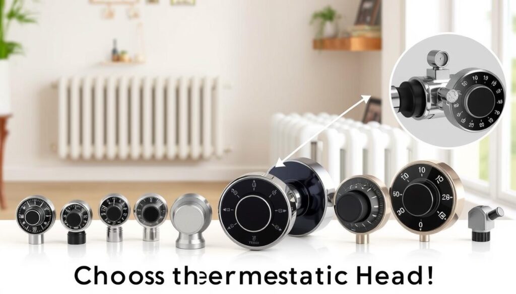 A detailed illustration showing how to choose a suitable thermostatic head for a radiator. In the foreground, display a range of thermostatic heads of different designs and sizes, neatly arranged to highlight features like adjustable dials and temperature settings. In the middle ground, showcase a realistic radiator with an installed thermostatic head, pointing to the connection where they meet, emphasizing proper installation. In the background, create a soft-focus image of a modern, well-lit home environment, conveying warmth and comfort. Use natural lighting to enhance the colors of the radiator and thermostatic heads, with a slightly elevated angle to capture all details clearly. The mood should be informative yet inviting, making it clear that selecting the right thermostatic head is an essential aspect of home heating efficiency. A detailed illustration showing how to choose a suitable thermostatic head for a radiator. In the foreground, display a range of thermostatic heads of different designs and sizes, neatly arranged to highlight features like adjustable dials and temperature settings. In the middle ground, showcase a realistic radiator with an installed thermostatic head, pointing to the connection where they meet, emphasizing proper installation. In the background, create a soft-focus image of a modern, well-lit home environment, conveying warmth and comfort. Use natural lighting to enhance the colors of the radiator and thermostatic heads, with a slightly elevated angle to capture all details clearly. The mood should be informative yet inviting, making it clear that selecting the right thermostatic head is an essential aspect of home heating efficiency.