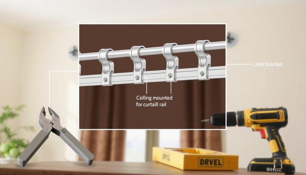 A detailed instructional diagram illustrating the assembly of curtain rail clips. In the foreground, include neatly arranged tools: a pair of pliers, a level, and a drill. The middle ground features a close-up view of a ceiling-mounted curtain rail, showcasing the precise placement of the clips. Technical details like screws and brackets should be visible, emphasizing their connection to the rail. In the background, a softly lit room with neutral-colored walls adds to the atmosphere, creating a professional and organized feel. Use natural lighting to highlight the tools and clips, focusing on clarity and practicality. Aim for a clean, instructional aesthetic, free of any distractions or annotations. A detailed instructional diagram illustrating the assembly of curtain rail clips. In the foreground, include neatly arranged tools: a pair of pliers, a level, and a drill. The middle ground features a close-up view of a ceiling-mounted curtain rail, showcasing the precise placement of the clips. Technical details like screws and brackets should be visible, emphasizing their connection to the rail. In the background, a softly lit room with neutral-colored walls adds to the atmosphere, creating a professional and organized feel. Use natural lighting to highlight the tools and clips, focusing on clarity and practicality. Aim for a clean, instructional aesthetic, free of any distractions or annotations.