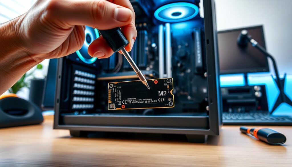 A detailed instructional image showcasing the process of installing an M.2 SSD. In the foreground, a close-up view of a hand gripping a screwdriver, poised above an open computer case revealing a motherboard with an M.2 slot. The middle ground features a sleek, modern PC setup with visible components and an organized workspace, emphasizing a high-tech atmosphere. The background includes a stylish work desk with tools neatly arranged and soft ambient lighting creating a focused yet relaxed mood. The image should be sharp and well-lit, using a shallow depth of field to draw attention to the installation process. Ensure the scene conveys clarity and professionalism without any text overlays or distractions.