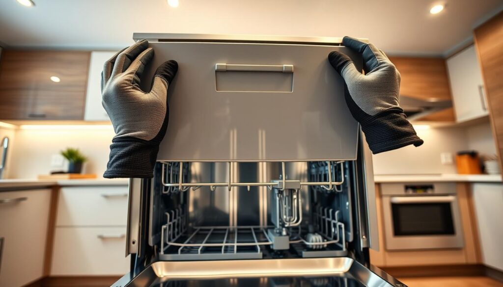 A detailed instructional scene depicting the installation of a Bosch dishwasher front panel. In the foreground, a pair of hands in professional work gloves carefully align the panel to the dishwasher, demonstrating precise placement. The middle layer features a partially assembled dishwasher, showcasing the mounting brackets and adjustment screws clearly. Various tools, like a screwdriver and level, are placed nearby to illustrate the process. The background shows a modern kitchen setting, with soft, diffused lighting coming from above, creating a warm and inviting atmosphere. The angle is slightly elevated, capturing both action and context, while emphasizing the importance of careful installation for a seamless look.