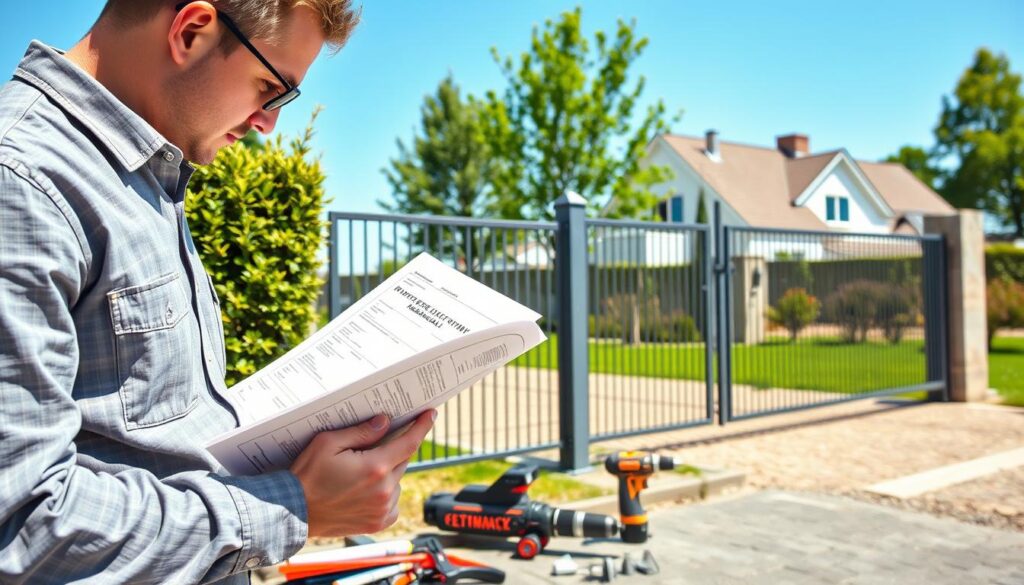 A detailed instructional scene depicting the installation of photoelectric cells (fotokomórki) for a gate. In the foreground, a professional technician in modest casual clothing examines the installation manual alongside tools like a screwdriver and a drill, ensuring a hands-on approach. The middle ground features a partially installed gate with two photoelectric sensors mounted on poles, connected by wires to a control panel. The background shows a suburban setting with a clear blue sky, green lawn, and a modern house. The lighting is bright and natural, suggesting midday sun, casting soft shadows for depth. The atmosphere is focused and professional, designed to convey a sense of expertise and clarity in the installation process without distractions or additional elements. A detailed instructional scene depicting the installation of photoelectric cells (fotokomórki) for a gate. In the foreground, a professional technician in modest casual clothing examines the installation manual alongside tools like a screwdriver and a drill, ensuring a hands-on approach. The middle ground features a partially installed gate with two photoelectric sensors mounted on poles, connected by wires to a control panel. The background shows a suburban setting with a clear blue sky, green lawn, and a modern house. The lighting is bright and natural, suggesting midday sun, casting soft shadows for depth. The atmosphere is focused and professional, designed to convey a sense of expertise and clarity in the installation process without distractions or additional elements.