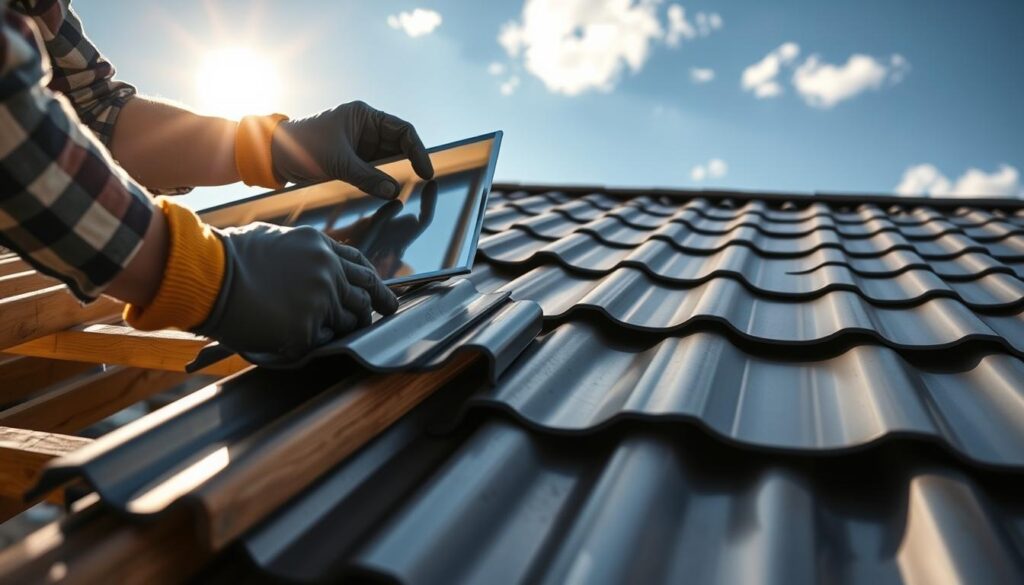 A detailed instructional scene showing the step-by-step assembly of metal ridge tiles on a roof. In the foreground, a pair of hands wearing work gloves carefully positioning a shiny, galvanized metal ridge tile onto a wooden roof frame. The middle ground features a partially completed roof with several tiles already in place, showcasing the neat arrangement of tiles overlapping at the edges. The background features a blue sky with a few scattered clouds and a sun casting warm daylight, creating an inviting atmosphere. The camera angle is slightly elevated, capturing the craftsmanship of the roofing process, with a focus on the texture of the metal and the precision of the installation. No people are present, keeping the focus on the installation process. A detailed instructional scene showing the step-by-step assembly of metal ridge tiles on a roof. In the foreground, a pair of hands wearing work gloves carefully positioning a shiny, galvanized metal ridge tile onto a wooden roof frame. The middle ground features a partially completed roof with several tiles already in place, showcasing the neat arrangement of tiles overlapping at the edges. The background features a blue sky with a few scattered clouds and a sun casting warm daylight, creating an inviting atmosphere. The camera angle is slightly elevated, capturing the craftsmanship of the roofing process, with a focus on the texture of the metal and the precision of the installation. No people are present, keeping the focus on the installation process.