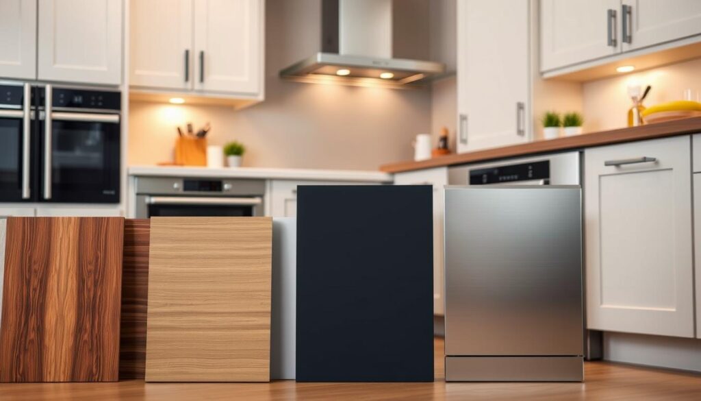 A detailed kitchen interior showcasing a stylish fitted dishwasher with an appropriate front panel selection. In the foreground, a variety of front panel designs are displayed, featuring elegant wood finishes, modern matte colors, and sleek stainless steel options. The middle ground includes the dishwasher partially integrated into kitchen cabinetry, highlighting the harmonious blend of appliances with the overall kitchen aesthetics. The background reveals effective kitchen lighting, casting a warm glow while accentuating the textures and finishes of the panels. The angle is slightly above eye level to capture the full range of options available. The mood is practical yet inviting, emphasizing the choices homeowners face when selecting the ideal dishwasher front to complement their kitchen design.