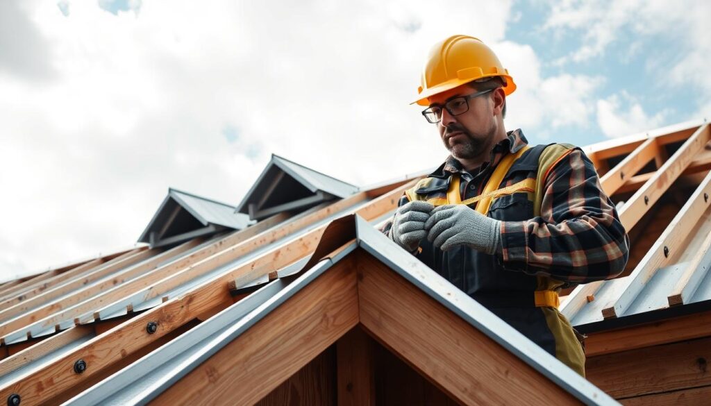 A detailed scene depicting common mistakes made during the installation of metal roof gable caps, focusing on a partially constructed roof. In the foreground, there are misaligned gable caps with visible gaps and improper fastening techniques, illustrating errors clearly. In the middle ground, a construction worker wearing a hard hat and work gloves examines the installation with a concerned expression, holding a tape measure, dressed in professional workwear. The background features a partially cloudy sky with soft, diffused light highlighting the roof and creating a realistic construction site atmosphere. The angle is slightly elevated, capturing both the gable caps and the worker's actions. The overall mood conveys a mix of seriousness and focus, emphasizing the importance of proper installation. A detailed scene depicting common mistakes made during the installation of metal roof gable caps, focusing on a partially constructed roof. In the foreground, there are misaligned gable caps with visible gaps and improper fastening techniques, illustrating errors clearly. In the middle ground, a construction worker wearing a hard hat and work gloves examines the installation with a concerned expression, holding a tape measure, dressed in professional workwear. The background features a partially cloudy sky with soft, diffused light highlighting the roof and creating a realistic construction site atmosphere. The angle is slightly elevated, capturing both the gable caps and the worker's actions. The overall mood conveys a mix of seriousness and focus, emphasizing the importance of proper installation.