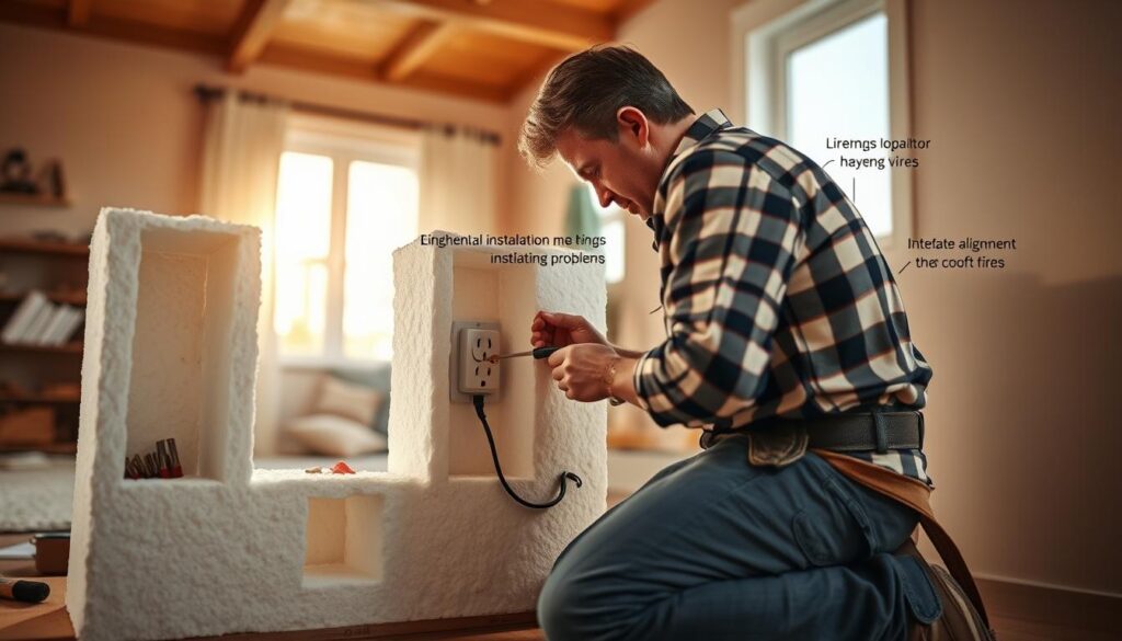 A detailed scene depicting the installation of an electrical socket in a styrofoam wall. In the foreground, a professional electrician wearing modest work attire is kneeling, carefully positioning the socket within the insulation material, with tools like a screwdriver and a wire stripper visible. The middle layer shows the styrofoam wall, with cut-outs and exposed wires that illustrate potential installation problems, like improper alignment or insufficient support. The background features a residential setting with natural light streaming in through a window, creating a warm, inviting atmosphere. The focus is sharp on the electrician, while the rest has a subtle blur, emphasizing the importance of proper socket installation in styrofoam.