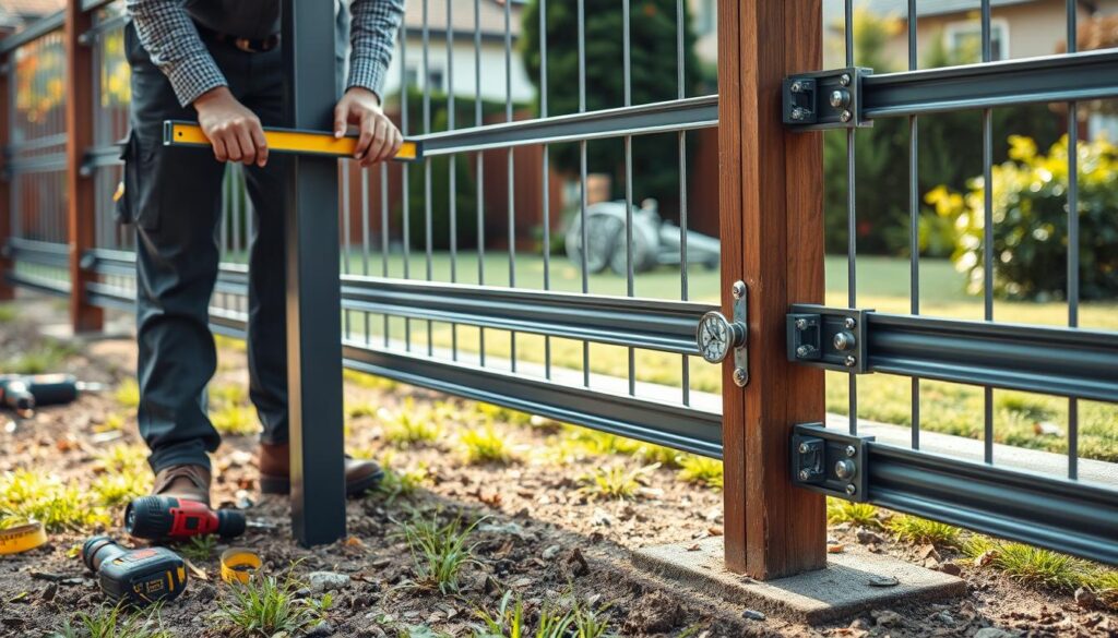 A detailed scene of a skilled worker installing fence posts and rollers for a sliding gate. In the foreground, the worker, dressed in professional work attire, is carefully positioning a metal post into the ground with a level. Tools like a drill and measuring tape are scattered nearby. In the middle ground, the partially assembled sliding gate structure shows rollers and tracks being installed on the posts, with a focus on sturdy brackets and fittings. The background features a residential garden setting, providing a sense of context. Soft natural lighting highlights the work being done, while a slight depth of field blurs the background slightly, drawing attention to the installation process. The mood is industrious and focused, reflecting a professional's expertise in craftsmanship.