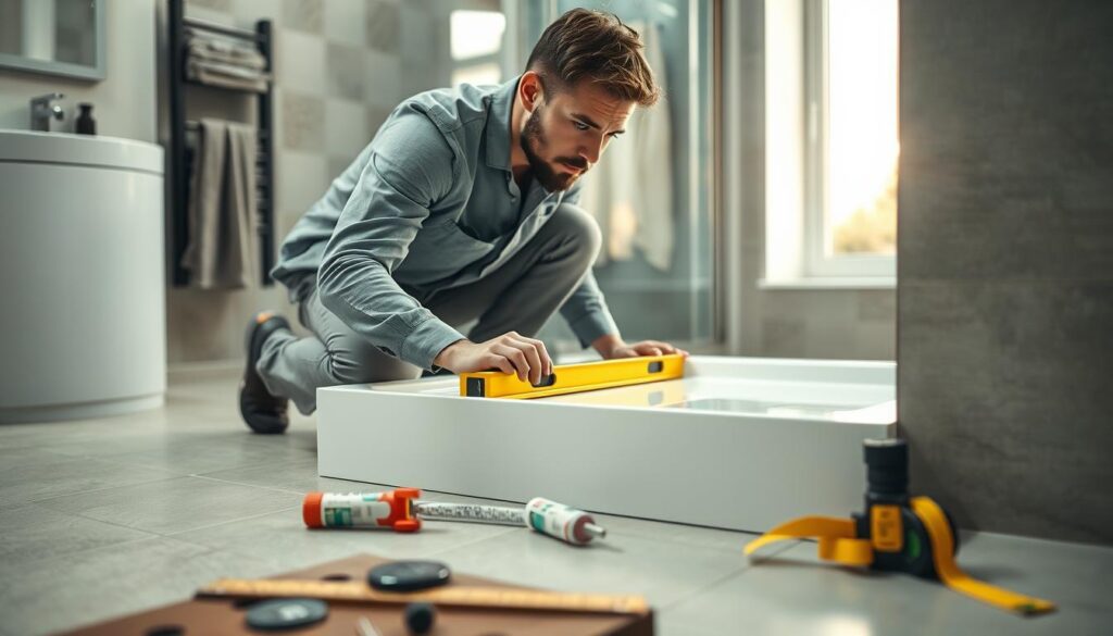 A detailed scene showcasing the best method for installing a low shower tray (brodzik niski) in a modern bathroom setting. In the foreground, a skilled technician wearing modest casual clothing is carefully leveling the shower tray on a tiled floor. The technician's focused expression emphasizes professionalism and expertise. In the middle ground, tools like a spirit level, tile adhesive, and measuring tape are neatly arranged on a workbench. The background features stylish bathroom elements, such as a sleek wall-mounted faucet and decorative tiles. Soft, natural lighting filters in from a nearby window, casting a warm glow over the scene. The overall mood is one of practicality and precision, highlighting the technical process of shower tray installation. A detailed scene showcasing the best method for installing a low shower tray (brodzik niski) in a modern bathroom setting. In the foreground, a skilled technician wearing modest casual clothing is carefully leveling the shower tray on a tiled floor. The technician's focused expression emphasizes professionalism and expertise. In the middle ground, tools like a spirit level, tile adhesive, and measuring tape are neatly arranged on a workbench. The background features stylish bathroom elements, such as a sleek wall-mounted faucet and decorative tiles. Soft, natural lighting filters in from a nearby window, casting a warm glow over the scene. The overall mood is one of practicality and precision, highlighting the technical process of shower tray installation.