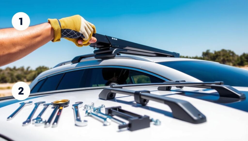 A detailed step-by-step assembly guide for a rooftop cargo carrier presented visually. In the foreground, a pair of hands wearing work gloves is shown tightening a bracket onto a sleek, modern vehicle's roof. The middle ground features an organized set of tools like wrenches and screws neatly arranged, along with the components of the cargo carrier, such as crossbars and mounting clips. In the background, a sunny outdoor setting enhances the atmosphere, with a clear blue sky and distant trees providing a natural backdrop. The lighting should be bright and natural, with a focus on highlighting the materials and the assembly process. Shot from a slight angle above to capture both the hands at work and the cargo carrier's structure effectively, conveying a practical and instructional mood.