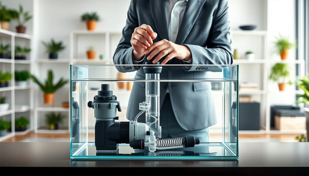 A detailed step-by-step illustration of installing an Aquael aquarium filter. In the foreground, showcase a clear aquarium with a partially assembled filter, emphasizing components like the pump, filter media, and tubing, artistically laid out. In the middle ground, depict a person dressed in professional business attire carefully positioning the filter into the aquarium, their hands engaged in the assembly. The background features a well-lit, serene room with shelves of aquatic plants and accessories, creating an inviting atmosphere. Use bright, natural lighting to enhance the clarity of the scene, shot from a slightly elevated angle to provide a comprehensive view of the installation process. The overall mood should be calm and educational, focusing on the assembly step. A detailed step-by-step illustration of installing an Aquael aquarium filter. In the foreground, showcase a clear aquarium with a partially assembled filter, emphasizing components like the pump, filter media, and tubing, artistically laid out. In the middle ground, depict a person dressed in professional business attire carefully positioning the filter into the aquarium, their hands engaged in the assembly. The background features a well-lit, serene room with shelves of aquatic plants and accessories, creating an inviting atmosphere. Use bright, natural lighting to enhance the clarity of the scene, shot from a slightly elevated angle to provide a comprehensive view of the installation process. The overall mood should be calm and educational, focusing on the assembly step.