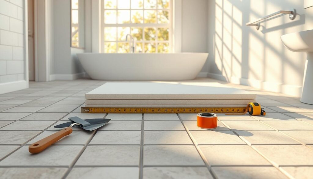 A detailed, step-by-step illustration of preparing a substrate for a shower tray installation. In the foreground, a clean work area with tools like a trowel, spirit level, and measuring tape arranged neatly on a light-colored paver surface. The middle ground features a partially laid out layer of Styrofoam insulation panels, carefully aligned and cut, ready for the tray installation. In the background, a bright and spacious bathroom setting with warm natural lighting coming through a large window, casting soft shadows on the walls. The atmosphere is focused and practical, conveying a sense of professionalism and attention to detail. No people are present, ensuring that attention remains on the preparation process and tools.