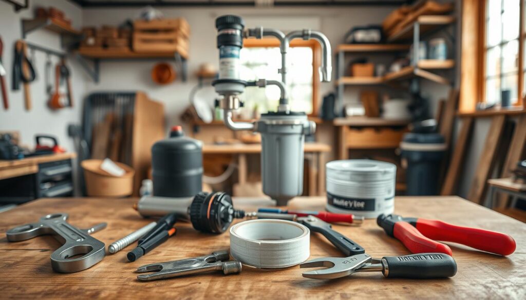 A detailed workspace setup showcasing essential tools for water filter installation. In the foreground, neatly arranged tools like a wrench, screwdriver, pliers, and a pipe cutter are prominently displayed on a wooden workbench, with a roll of plumber's tape and a water filter. The middle of the image features a partially installed water filter system with visible plumbing components, like pipes and fittings. The background includes a well-lit workshop with shelves holding additional tools and materials, and a window allowing natural light to illuminate the scene. The mood is professional and organized, evoking a sense of readiness for a DIY project. The image should be captured at eye level using a standard lens to ensure clarity and depth. A detailed workspace setup showcasing essential tools for water filter installation. In the foreground, neatly arranged tools like a wrench, screwdriver, pliers, and a pipe cutter are prominently displayed on a wooden workbench, with a roll of plumber's tape and a water filter. The middle of the image features a partially installed water filter system with visible plumbing components, like pipes and fittings. The background includes a well-lit workshop with shelves holding additional tools and materials, and a window allowing natural light to illuminate the scene. The mood is professional and organized, evoking a sense of readiness for a DIY project. The image should be captured at eye level using a standard lens to ensure clarity and depth.