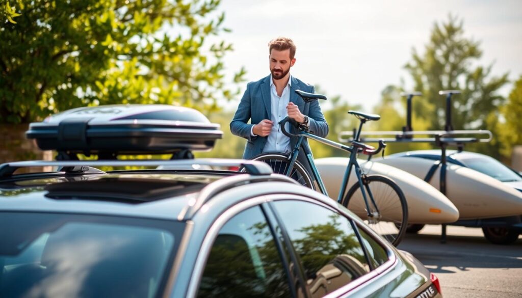 A dynamic scene depicting the selection of the perfect roof rack for a car, emphasizing various types of roof racks displayed in a well-lit outdoor environment. In the foreground, a sleek, modern car is parked with its roof facing the viewer, showcasing a selection of roof racks beside it: a cargo box, bike mount, and kayak holder. In the middle ground, a person, dressed in smart casual attire, is inspecting the roof rack options, exuding a sense of curiosity and thoughtfulness. The background features a sunny sky and trees, adding a vibrant and inviting atmosphere. The image should have soft lighting to create a warm, friendly mood, with a slight depth of field effect to draw focus to the roof racks and the individual.