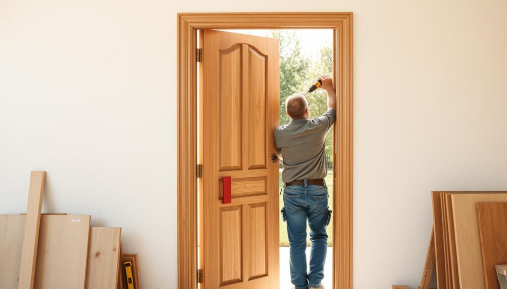 A focused and detailed view of a professional carpenter installing external doors in a residential setting. The foreground features a carpenter in modest casual clothing, carefully aligning a wooden door within a sturdy door frame. Tools like a level and drill are visible, highlighting the installation process. In the middle ground, a partially open door reveals the entrance of a modern home, with building materials neatly arranged around. The background shows a sunny day, with green grass and trees, creating a welcoming atmosphere. Warm natural lighting beams through the doorway, casting soft shadows and enhancing the craftsmanship. The image captures the step-by-step nature of door installation while ensuring a professional and engaging portrayal. A focused and detailed view of a professional carpenter installing external doors in a residential setting. The foreground features a carpenter in modest casual clothing, carefully aligning a wooden door within a sturdy door frame. Tools like a level and drill are visible, highlighting the installation process. In the middle ground, a partially open door reveals the entrance of a modern home, with building materials neatly arranged around. The background shows a sunny day, with green grass and trees, creating a welcoming atmosphere. Warm natural lighting beams through the doorway, casting soft shadows and enhancing the craftsmanship. The image captures the step-by-step nature of door installation while ensuring a professional and engaging portrayal.