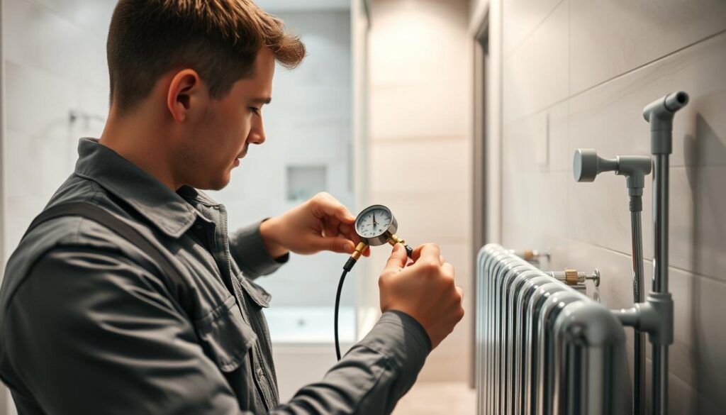 A focused and professional scene depicting a technician conducting a leak test on a newly installed bathroom radiator. In the foreground, the technician, dressed in a neat work uniform, is using a handheld pressure gauge to check the radiator connections, ensuring no leaks are present. The middle of the image features the bathroom setting, showcasing a modern, elegant bathroom with stylish tiles and a well-lit environment. The background reveals additional plumbing tools, and soft, diffused lighting highlights the chrome finish of the radiator. The atmosphere should feel meticulous and reassuring, emphasizing the importance of safety and functionality in home installation tasks. No text elements or distractions are included, ensuring clarity of the subject matter. A focused and professional scene depicting a technician conducting a leak test on a newly installed bathroom radiator. In the foreground, the technician, dressed in a neat work uniform, is using a handheld pressure gauge to check the radiator connections, ensuring no leaks are present. The middle of the image features the bathroom setting, showcasing a modern, elegant bathroom with stylish tiles and a well-lit environment. The background reveals additional plumbing tools, and soft, diffused lighting highlights the chrome finish of the radiator. The atmosphere should feel meticulous and reassuring, emphasizing the importance of safety and functionality in home installation tasks. No text elements or distractions are included, ensuring clarity of the subject matter.