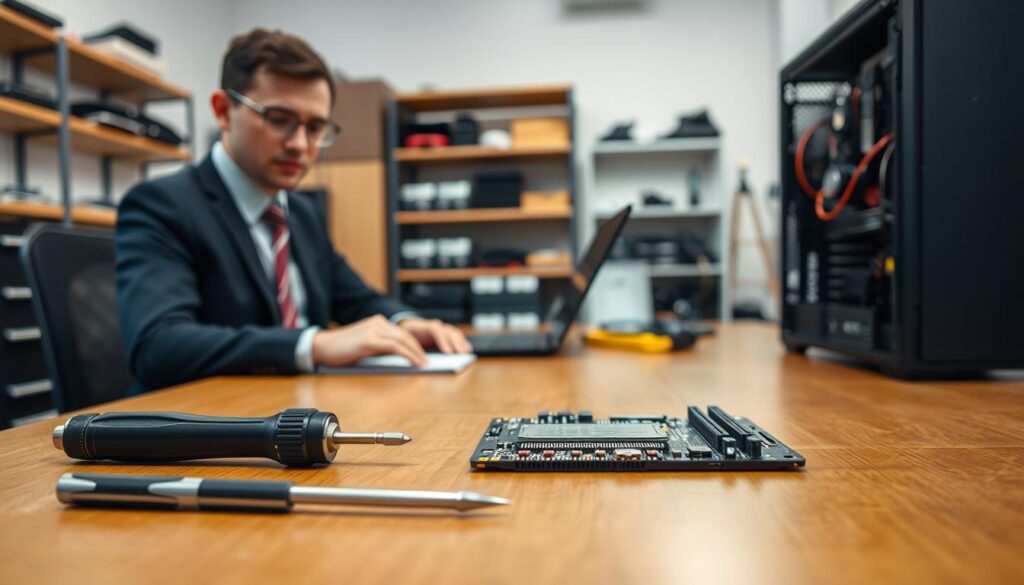A focused workspace set up for assembling an SSD, featuring a technician wearing a professional business attire, sitting at a wooden desk. In the foreground, neatly arranged tools—a screwdriver, an SSD, and an anti-static wrist strap. In the middle ground, an opened computer case reveals the motherboard, with visible SATA connections and cables. The background showcases a well-lit, organized workshop with shelves holding additional computer parts and tools. Soft, even lighting illuminates the scene, enhancing the details of the components. A slight depth of field effect creates a professional atmosphere, emphasizing the preparation process. The mood is calm and focused, reflecting attention to detail in technology assembly.