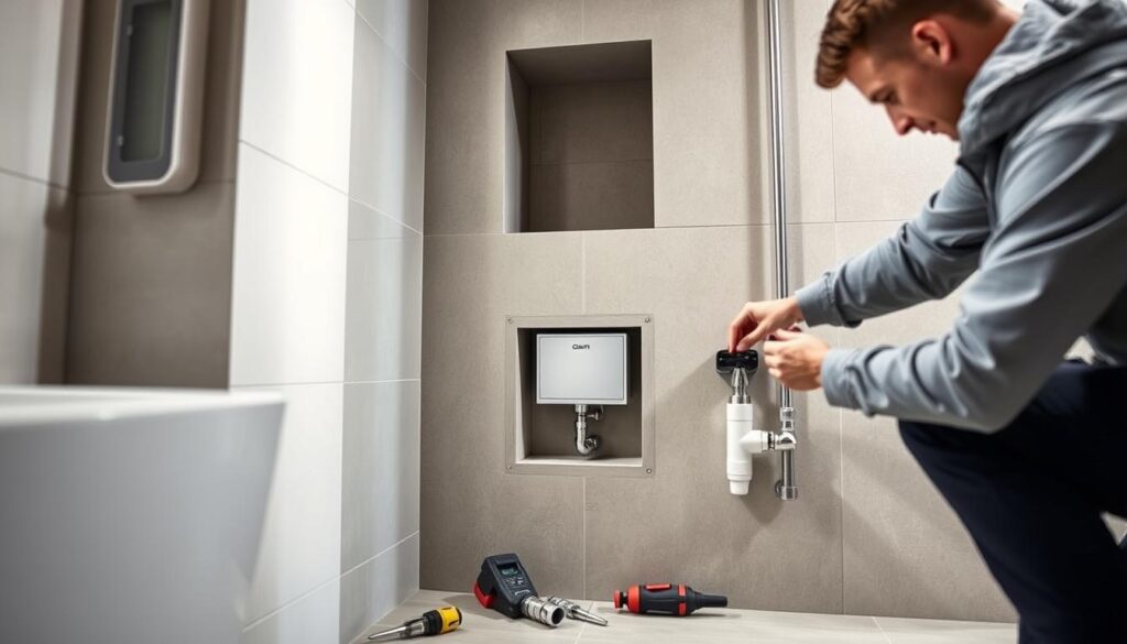 A modern bathroom scene featuring a Geberit installation process. In the foreground, a skilled technician in professional attire is carefully connecting plumbing pipes, focusing on a sleek, easily accessible Geberit system. Their tools are neatly arranged beside them. The middle ground shows a half-finished wall, with precise cutouts for the Geberit system, complemented by detailed piping and connectors. The background includes a contemporary bathroom setting, with neutral-colored tiles and soft, diffused lighting that creates a calm atmosphere. The angle captures the technician's diligent work while highlighting the innovative design of the Geberit installation. Overall, the mood is professional and focused, emphasizing safety and precision in plumbing installations.
