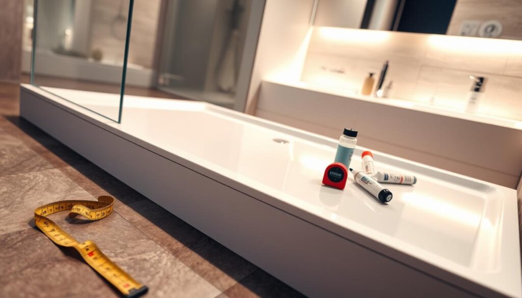 A modern bathroom setting featuring a stylish shower tray (brodzik) suitable for installation without legs. In the foreground, showcase the sleek design of the brodzik, emphasizing its smooth surface and subtle curves. In the middle ground, include essential installation tools like a measuring tape, level, and sealant, arranged neatly beside the brodzik, hinting at the practical aspects of installation. The background should depict a well-lit bathroom environment with soft, warm lighting, highlighting contemporary tiles and elegant fixtures. The atmosphere is calm and professional, inviting a sense of efficiency and organization. The angle should be slightly above eye level, capturing the details of the brodzik while providing context of the bathroom space around it.