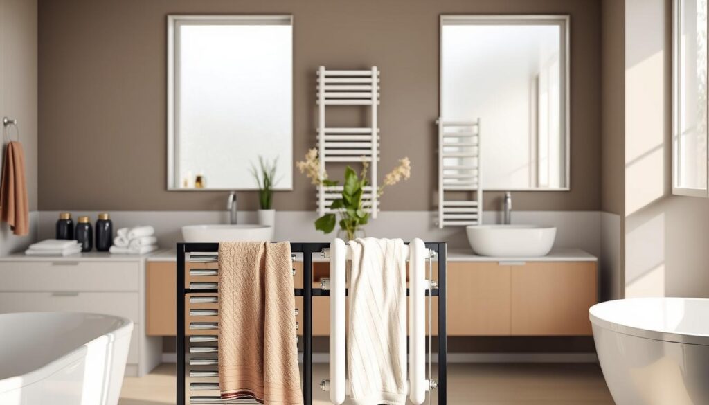 A modern bathroom showcasing various styles of bathroom heaters displayed prominently on a stylish rack. In the foreground, highlight a sleek and contemporary towel radiator, emphasizing its elegant design and functionality. In the middle, include a classic upright radiator, surrounded by decorative plants for a touch of warmth. The background should feature a well-lit, minimalistic bathroom with soft neutral colors, large mirrors reflecting the heaters, and natural light filtering in through frosted windows. The scene exudes a warm, inviting atmosphere, ideal for selecting the perfect bathroom heater. Utilize soft, diffused lighting to enhance the cozy feel, capturing the image with a slightly angled viewpoint to showcase the variety of options available. A modern bathroom showcasing various styles of bathroom heaters displayed prominently on a stylish rack. In the foreground, highlight a sleek and contemporary towel radiator, emphasizing its elegant design and functionality. In the middle, include a classic upright radiator, surrounded by decorative plants for a touch of warmth. The background should feature a well-lit, minimalistic bathroom with soft neutral colors, large mirrors reflecting the heaters, and natural light filtering in through frosted windows. The scene exudes a warm, inviting atmosphere, ideal for selecting the perfect bathroom heater. Utilize soft, diffused lighting to enhance the cozy feel, capturing the image with a slightly angled viewpoint to showcase the variety of options available.