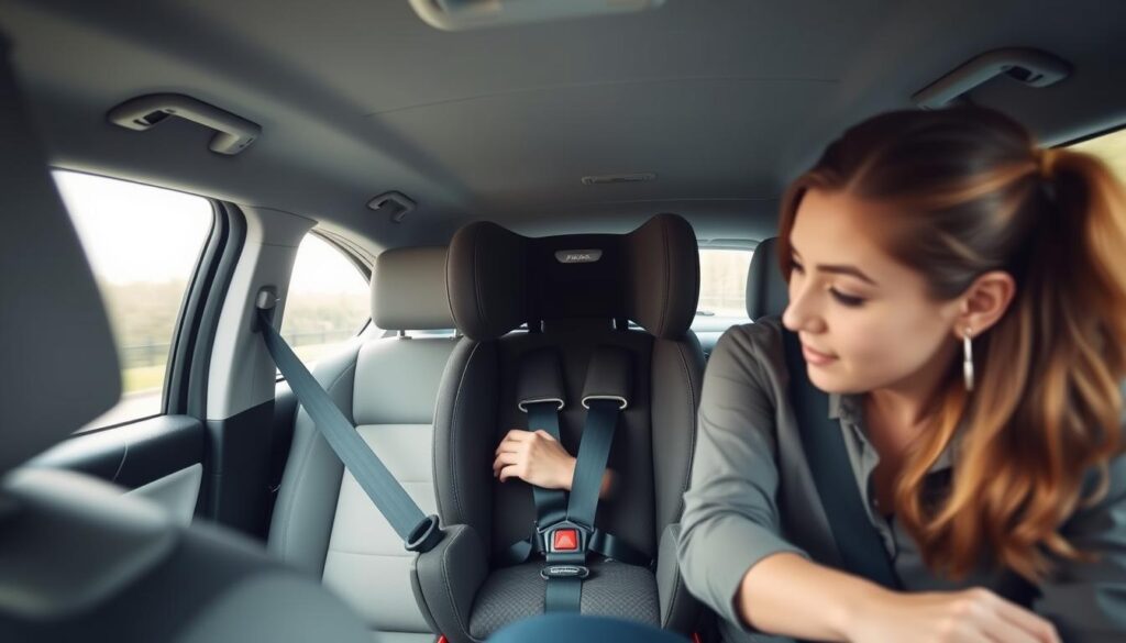 A modern car interior with a focus on the back seat where a child car seat is correctly installed. The scene features a professional-looking individual, dressed in business casual clothing, demonstrating the installation process. The foreground shows the securely fastened seat belt around the car seat, while the middle ground highlights the car seat itself, showcasing its safety features and proper positioning. The background includes a serene, well-lit environment with soft natural light filtering through the car windows, creating an inviting atmosphere. The angle is slightly elevated, capturing the full view of the seat and installation method, promoting a clear understanding of how to safely secure a car seat. A modern car interior with a focus on the back seat where a child car seat is correctly installed. The scene features a professional-looking individual, dressed in business casual clothing, demonstrating the installation process. The foreground shows the securely fastened seat belt around the car seat, while the middle ground highlights the car seat itself, showcasing its safety features and proper positioning. The background includes a serene, well-lit environment with soft natural light filtering through the car windows, creating an inviting atmosphere. The angle is slightly elevated, capturing the full view of the seat and installation method, promoting a clear understanding of how to safely secure a car seat.