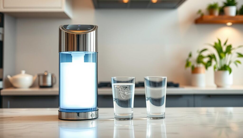A modern kitchen countertop featuring the best water filter system, showcasing its sleek design and advanced technology. In the foreground, the elegant water filter with a polished chrome finish, illuminated by soft, warm lighting that highlights its features. The middle ground displays a glass of crystal-clear water, freshly filtered, sitting next to the filter unit on a marble surface. In the background, a clean and organized kitchen scene with minimalistic appliances and green plants, evoking a fresh and healthy atmosphere. The angle is slightly above eye level, capturing both the filter and the filled glass in sharp focus against the blurred background. The mood is inviting and professional, suggesting a commitment to quality water filtration. A modern kitchen countertop featuring the best water filter system, showcasing its sleek design and advanced technology. In the foreground, the elegant water filter with a polished chrome finish, illuminated by soft, warm lighting that highlights its features. The middle ground displays a glass of crystal-clear water, freshly filtered, sitting next to the filter unit on a marble surface. In the background, a clean and organized kitchen scene with minimalistic appliances and green plants, evoking a fresh and healthy atmosphere. The angle is slightly above eye level, capturing both the filter and the filled glass in sharp focus against the blurred background. The mood is inviting and professional, suggesting a commitment to quality water filtration.