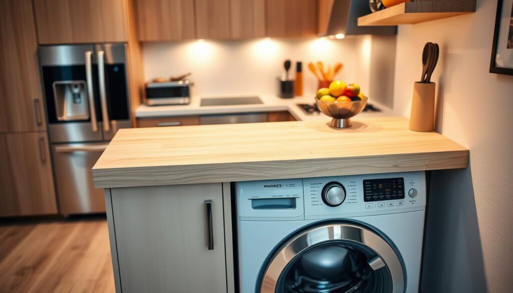 A modern kitchen featuring a well-installed countertop over a washing machine, with sleek, contemporary design elements. In the foreground, a stylish, minimalistic countertop in a light wood finish seamlessly integrates with the washing machine underneath, which is neatly tucked away. The middle section captures an organized kitchen with stainless steel appliances, a bowl of fresh fruits, and a few kitchen utensils for added detail. The background provides a cozy ambiance with warm lighting, accentuating the inviting atmosphere. The image is taken from a slightly elevated angle to showcase the countertop's functionality. The overall mood conveys practicality and elegance, demonstrating a smart, space-saving solution in a home kitchen setting.