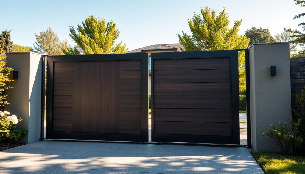 A modern sliding gate in an elegant residential setting, featuring a sleek metal design with a wooden finish. In the foreground, focus on the gate partially opened, showcasing its smooth sliding mechanism. The middle ground includes a well-manicured garden with blooming flowers and a stone pathway leading up to the gate. In the background, a stylish contemporary home is visible, surrounded by lush greenery under a bright blue sky. The scene is illuminated by warm, soft sunlight, creating inviting shadows, evoking a sense of tranquility and security. Capture the image from a slightly low angle to emphasize the gate's imposing yet stylish presence, ensuring a professional and polished feel throughout the composition.