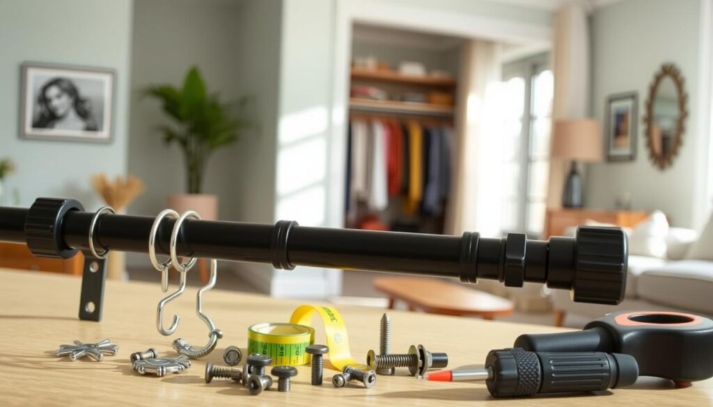 A neatly arranged display of useful accessories for a tension rod situated in a well-lit home interior, emphasizing practicality and organization. In the foreground, include a close-up of a sturdy tension rod with various attachment options like hooks, brackets, and decorative end caps. In the middle, feature a tool kit with measuring tape, screws, and a screwdriver, highlighting the installation process. The background showcases a cozy room setting, possibly a living room or closet, with soft natural light streaming through a window, casting gentle shadows. The overall atmosphere is inviting and functional, demonstrating a clear focus on home improvement accessories, perfect for effective use in a household environment. The composition should be crisp and clear, with a slight depth of field to draw attention to the accessories.