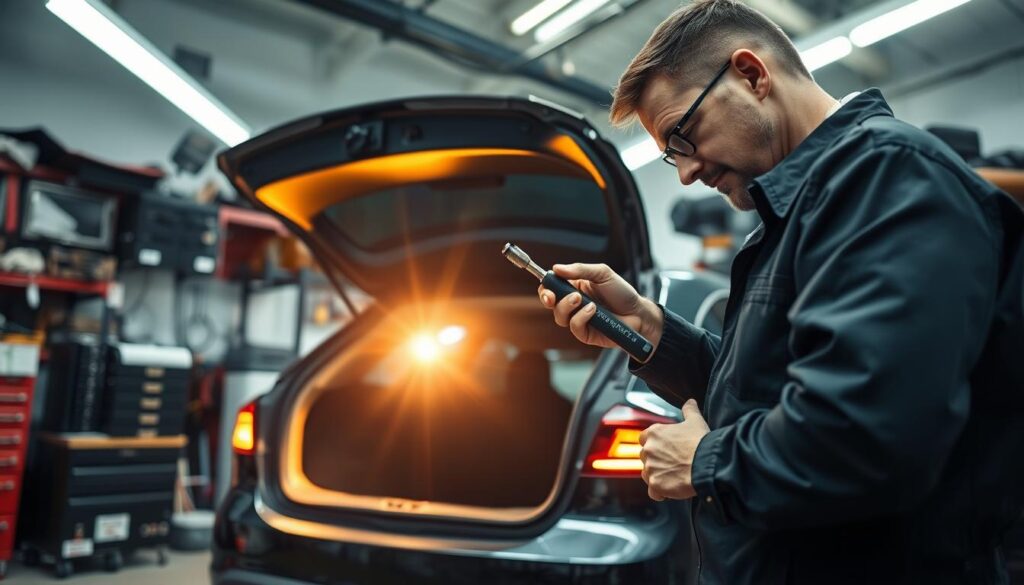 A practical scene depicting the installation of an additional reversing light on a car. In the foreground, a skilled technician in a professional outfit is working intently, holding a tool in one hand and examining the rear of a vehicle with the hatch open. The middle ground features the car with a bright, newly installed reversing light prominently visible, illuminating the area with a warm glow. In the background, a cluttered garage filled with tools and parts adds depth, with soft overhead lighting creating a focused atmosphere. The angle captures both the technician’s concentration and the technical details of the installation process, conveying a sense of professionalism and hands-on expertise.
