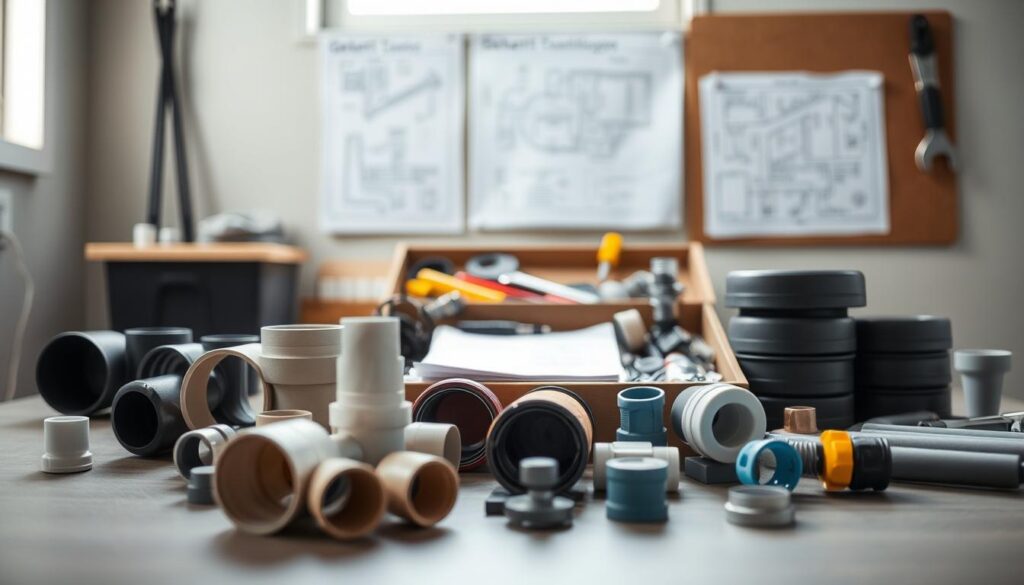 A professional and organized workspace showcasing the selection of materials for Geberit bathroom installation. In the foreground, there are neatly arranged materials including pipes, connectors, and mounting brackets in a variety of colors and sizes. The middle layer features a well-organized toolbox with essential tools like a wrench, screwdriver, and measuring tape. In the background, there are blueprints or diagrams of the bathroom layout pinned on a corkboard. The scene is well-lit with natural light coming from a nearby window, creating a bright and inviting atmosphere. A soft-focus lens is used to give the image a professional and polished look, emphasizing the importance of choosing the right materials for a successful installation.