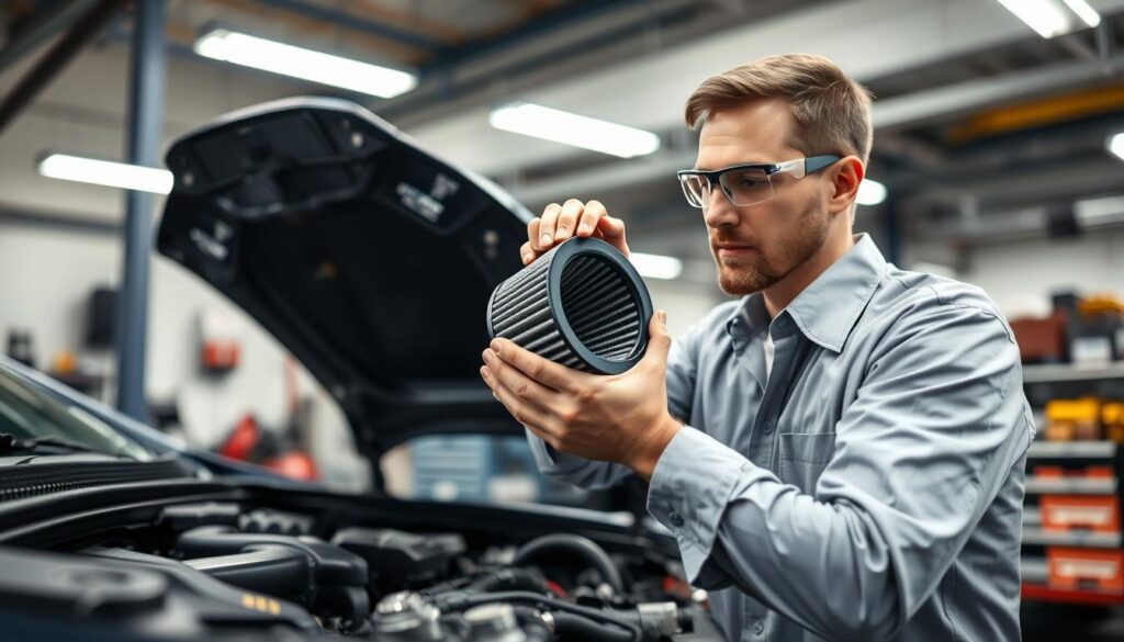 A professional-looking technician in a modern workshop environment is carefully installing a conical air filter onto a vehicle engine. In the foreground, the technician, dressed in a clean, professional work shirt and safety goggles, is focused on the task, showcasing precision and attention to detail. The middle ground features the vehicle's engine with the filter being fitted, tools neatly organized around, and various automotive parts subtly blurred. In the background, bright, even lighting illuminates the space, emphasizing a clean and efficient workshop atmosphere. A slight angle captures the depth of the scene, promoting a sense of diligence and safety in the installation process. The mood is one of professionalism and competence, highlighting the importance of safe practices during mechanical work.