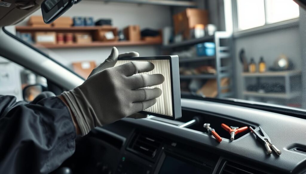 A professional mechanic working in a well-lit garage, demonstrating how to install a cabin air filter in a car. In the foreground, focus on the mechanic's hands, wearing modest, professional gloves, as they carefully position the filter in place. The middle ground features a partially disassembled car dashboard, with tools like screwdrivers and pliers neatly arranged nearby. In the background, shelves filled with automotive supplies can be seen, providing context to the working environment. Natural light filters through a window, casting soft shadows that create a calm and focused atmosphere. The overall mood is instructional and informative, emphasizing the step-by-step nature of the task, perfect for guiding readers through the process of cabin filter installation.