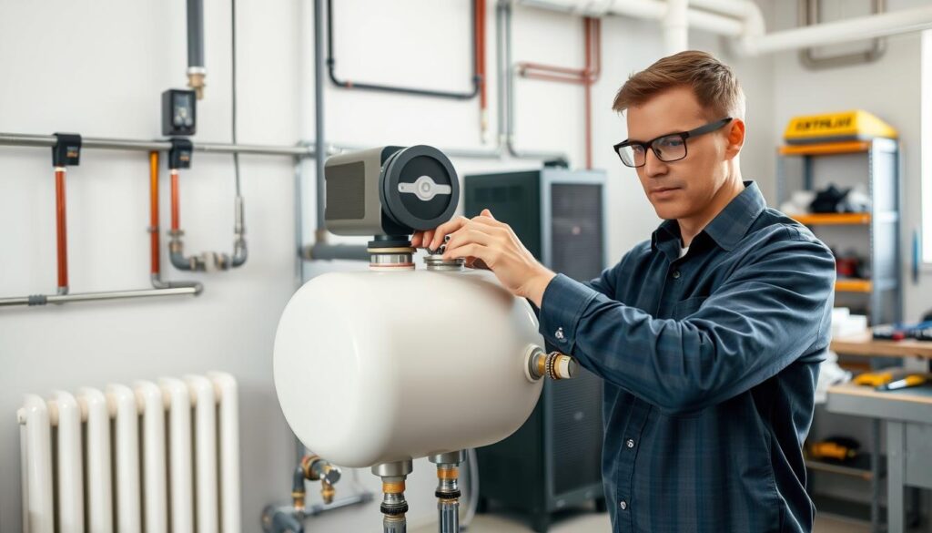 A professional technician in a clean, well-lit mechanical room, wearing safety glasses and a business casual shirt, is expertly installing a pressure equalization tank in a heating system. The foreground features the technician carefully adjusting fittings on the tank, showcasing detailed pipework and valves. In the middle ground, various heating system components, like pumps and radiators, are neatly arranged, providing context to the installation process. The background displays a well-organized workspace with tools and safety equipment on a workbench. Soft, natural light illuminates the room, enhancing the technical atmosphere, while a slight depth of field focuses on the installation area, creating a clear and informative visual composition. A professional technician in a clean, well-lit mechanical room, wearing safety glasses and a business casual shirt, is expertly installing a pressure equalization tank in a heating system. The foreground features the technician carefully adjusting fittings on the tank, showcasing detailed pipework and valves. In the middle ground, various heating system components, like pumps and radiators, are neatly arranged, providing context to the installation process. The background displays a well-organized workspace with tools and safety equipment on a workbench. Soft, natural light illuminates the room, enhancing the technical atmosphere, while a slight depth of field focuses on the installation area, creating a clear and informative visual composition.